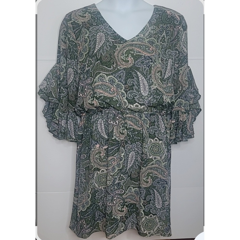 Est 1946 Paisley Mini Dress Women XL Green Ruffle Bell Sleeve V-Neck Boho Office
